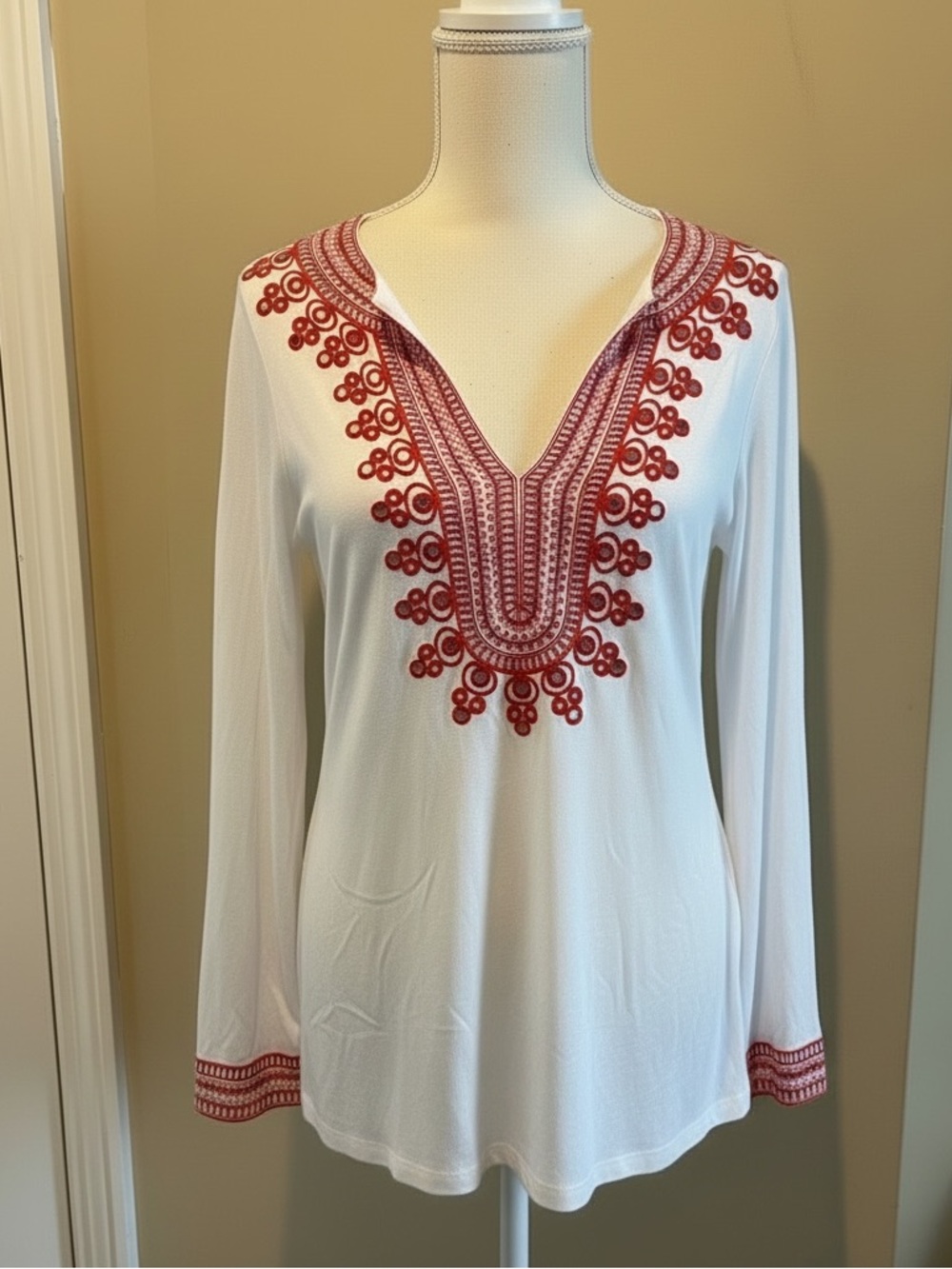 I.N.C. Beach - White V-Neck Coverup with Red Embroidery and Mirrored detail